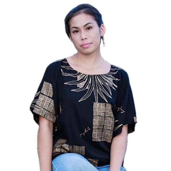 Living Hula Gold Neing Cabernet Lauhala Hawaiian Round Neck Blouse Top XS - Picture 1 of 10